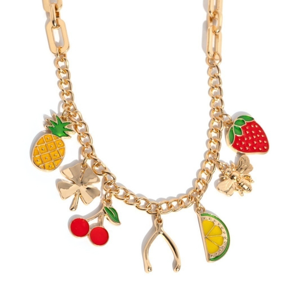 Gold Charm Necklace with Fruit and Clover Fruit Festival Gold Chain Pineapple